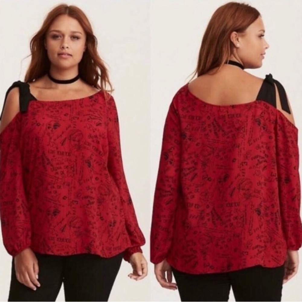 Torrid Red Cold-Shoulder Blouse with Tie Straps Size Torrid 00/Med